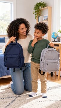 Mother and child smiling with backpacks at home, embracing school preparation and inclusive education, bright family interior with globe and bookshelves, lifestyle portrait