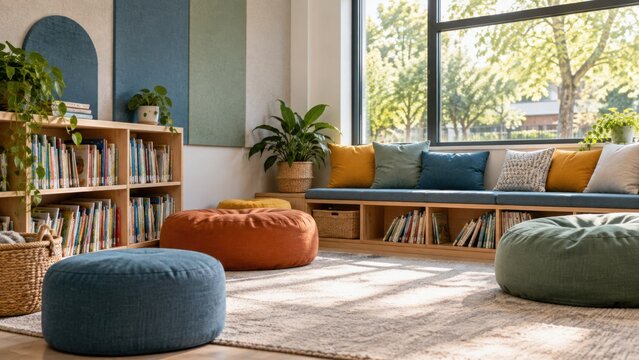 Colorful reading lounge with bookshelves, plants, cushions, large windows, and soft natural light in an inclusive school interior setting