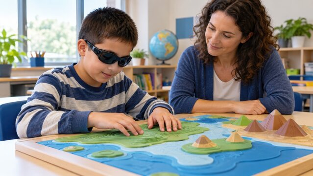Child wearing sunglasses explores a colorful raised landscape map with an adult in a bright classroom, tactile educational learning scene for an inclusive school