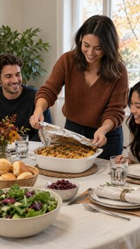 Woman uncovering a baked casserole at a festive family table with salad, bread, drinks, and autumn decorations indoors for Thanksgiving dinner