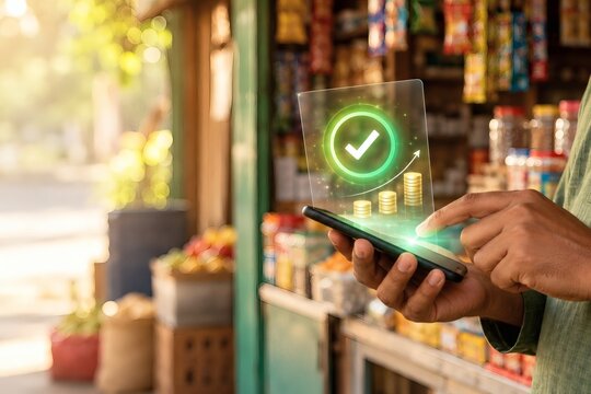 Shop owner phone with loan approval ring in Indian neighbourhood