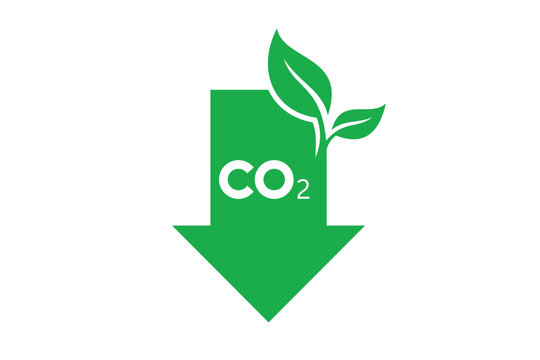 Green downward arrow with co2 text and leaves for carbon emission reduction concept on a plain white background