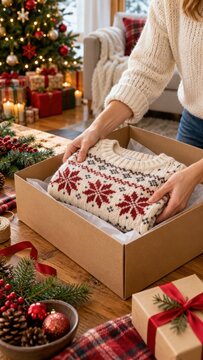 Person folding a festive patterned sweater into a cardboard gift box beside a decorated Christmas tree and wrapped presents in a cozy home