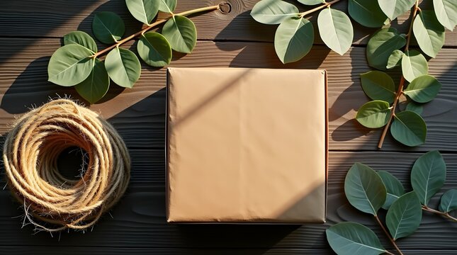 AI-generated photorealistic flat lay of blank brown kraft paper box with natural jute twine and fresh green eucalyptus leaves on dark wooden table, eco-friendly packaging