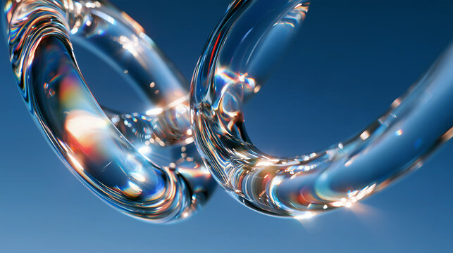 Transparent interlocking glass rings against a bright blue sky for modern branding and advertising.