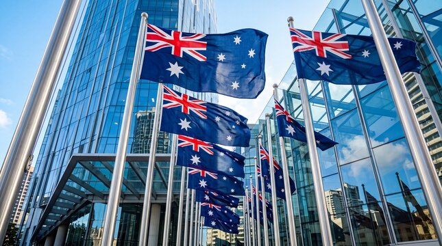 Australian Flags Flying in Front of Modern Corporate Office Buildings