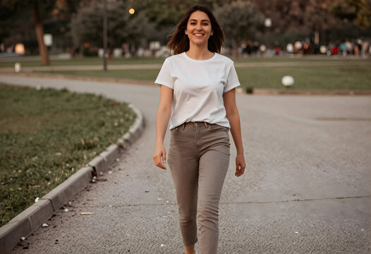 wellness and mindfulness, happy young woman walking in a park, healthy lifestyle and positive mindset, casual summer outfit in an urban green space
