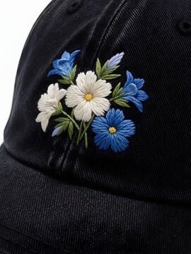 Close up of a black baseball cap featuring vibrant floral