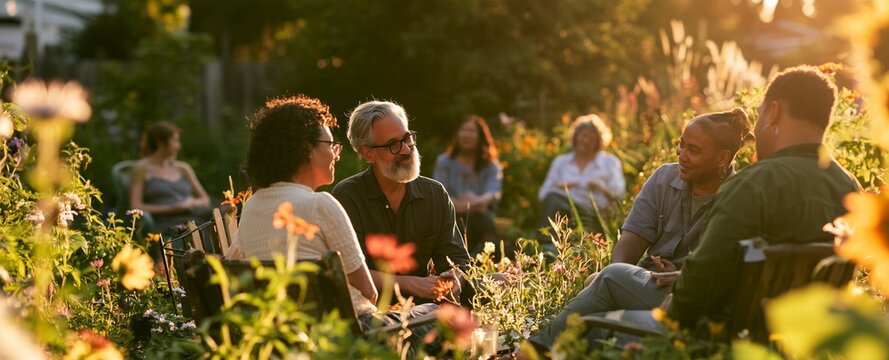 Two Souls, One Living Garden, a mature couple and their diverse circle of friends sharing a joyful garden gathering, different body types, skin tones and gender expressions represented naturally,