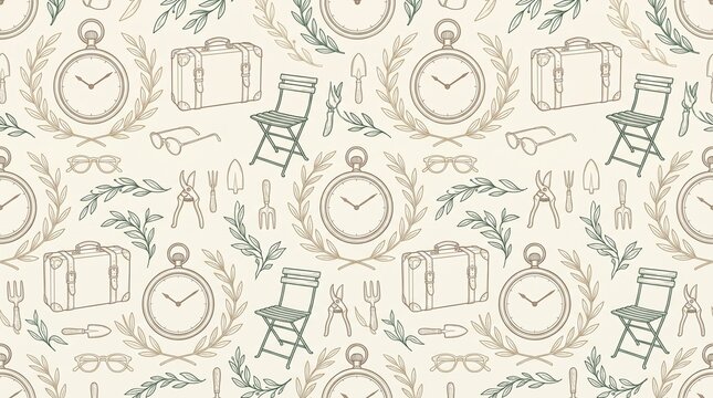 Retirement themed seamless pattern with vintage clocks suitcases chairs and garden tools