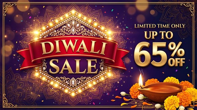 Diwali Sale Festive Banner with Up to 65 Percent Off and Hexagonal Light Badge