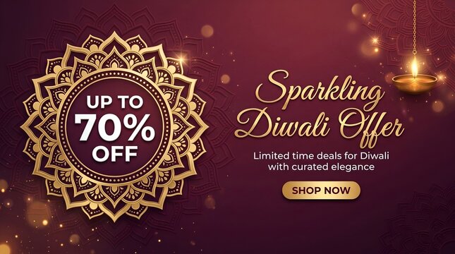 Diwali sale banner with golden decorations and up to seventy percent discount offer