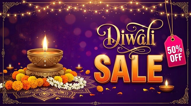 Diwali sale advertisement with traditional lamp and festive decorations for a special offer