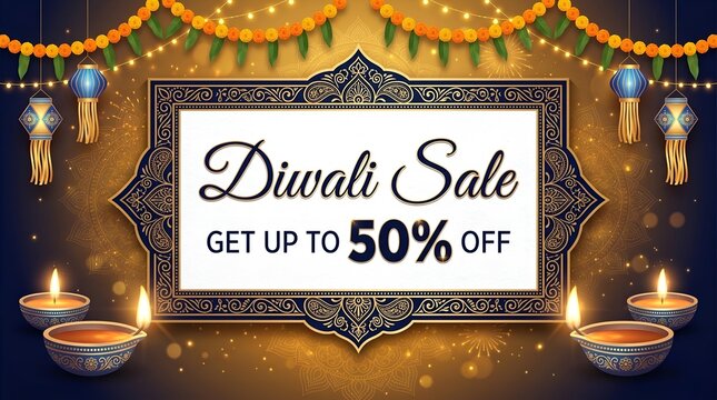 Elegant diwali sale advertisement with ornate lamps and a sparkling golden background for festive promotions