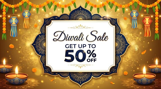 Elegant diwali sale advertisement with ornate lamps and a sparkling golden background for festive promotions