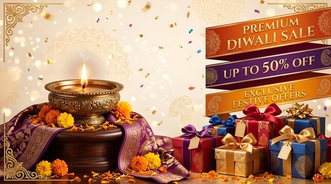 Diwali sale with oil lamp and gift boxes celebration