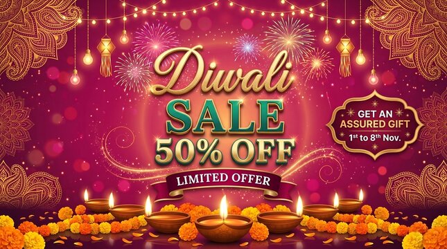Diwali sale banner with 50 percent off and gift offer