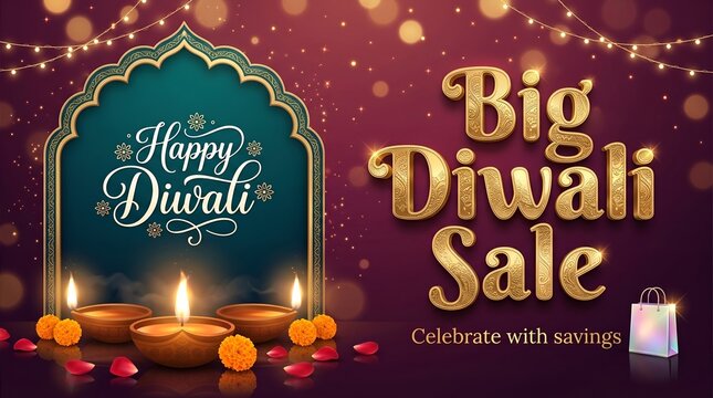 Big Diwali Sale background banner with traditional burning diyas and golden typography