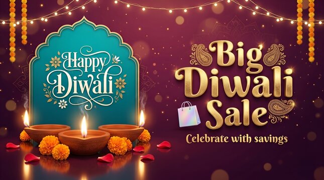 Big Diwali Sale background banner with traditional burning diyas and golden typography