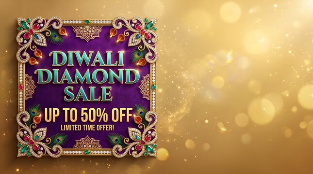 Diwali diamond sale advertisement with ornate frame and golden sparkling background for festive promotions
