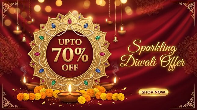 Sparkling diwali sale advertisement with up to 70 percent off discount offer and traditional decorations