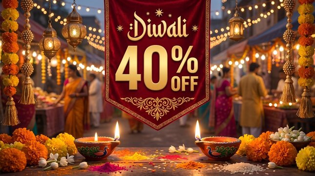 Diwali sale banner with glowing lights and traditional oil lamps offering a forty percent discount