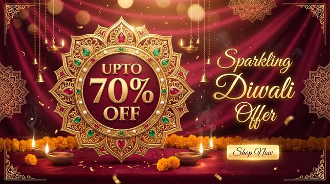 Sparkling diwali sale advertisement with up to 70 percent off discount offer and traditional decorations