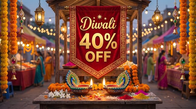 Diwali sale banner with glowing lights and traditional oil lamps offering a forty percent discount