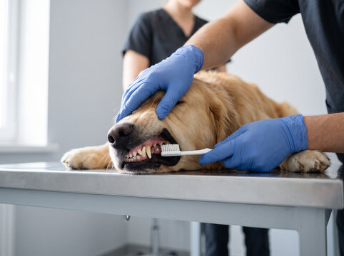 Veterinarian brushing golden retriever teeth on exam table