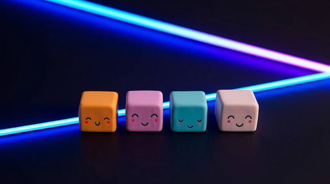 Four smiling cube characters in a row with neon blue light streaks against a dark background