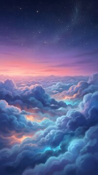 Dreamy starry night sky above glowing clouds vertical background