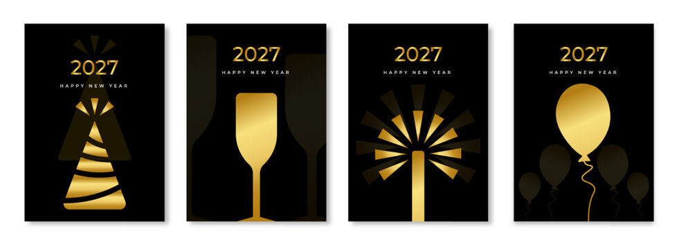 Set of four 2027 happy new year greeting cards with golden party elements, including a party hat, champagne glass, fireworks, and balloons on a black background