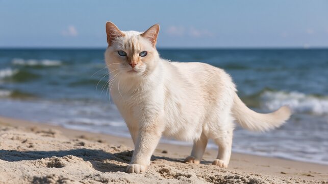 Curiosity of a cream cat with blue eyes walking on sandy beach by ocean waves under clear sky