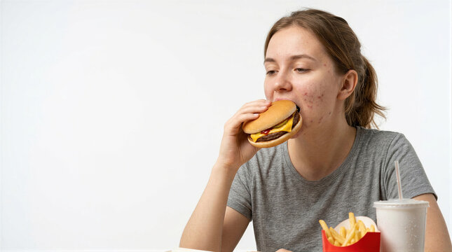 Young woman with acne eating hamburger at table with french fries and soda. Fast food meal against clear background. Junk food and unhealthy diet concept. Skin problem and acne cause.