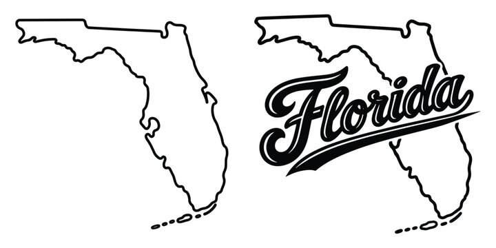 Florida state outline map with retro baseball script lettering and swoosh underline, vintage sports style USA state shape vector in black and white