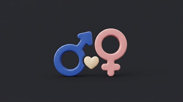 Three dimensional render of blue male and pink female gender symbols with a small white heart between them