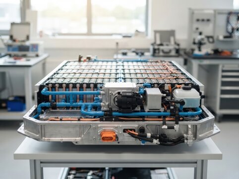 battery thermal management system Electric vehicle battery pack on a workbench in a clean laboratory setting