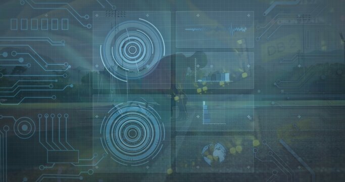 Displaying AR HUD overlaying park path with dual radar, data panels, globe icon, circuit traces