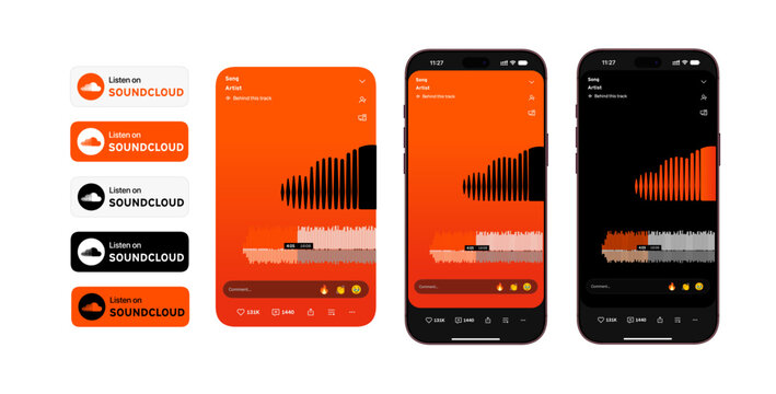 SoundCloud music player app interface mockups set with audio waveform display, player screens, and Listen on SoundCloud badges.
