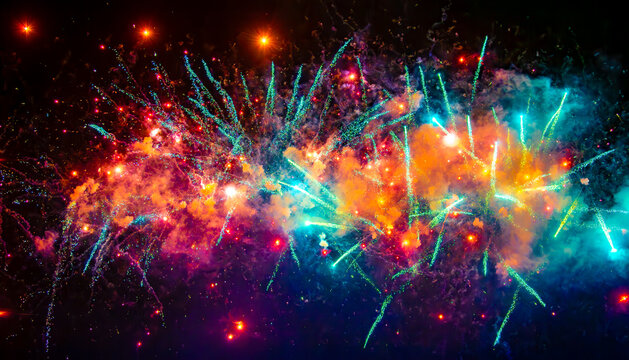 Fireworks close-up. Multicolored fireworks in the night sky, bright festive background with space for text.