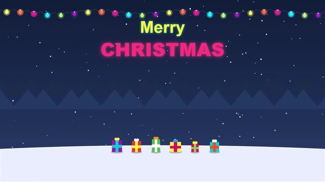 A festive Christmas background illustration featuring glowing colorful holiday lights gifts and snowy mountains