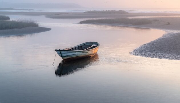 Solitary rowboat rests on calm water, reflecting serene dawn light and marshy shore
