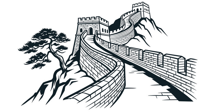 Black and white vector illustration of the Great Wall of China winding across mountain ridges featuring ancient stone watchtowers and a traditional pine tree on a rocky cliffside.