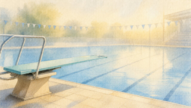 Watercolor painting of swimming pool with diving board under soft morning light, copy space for sport background design