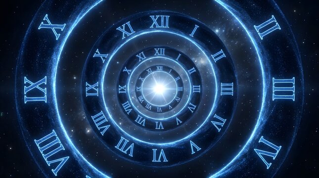 Glowing Blue Cosmic Time Vortex with Roman Numerals and Starfield Background