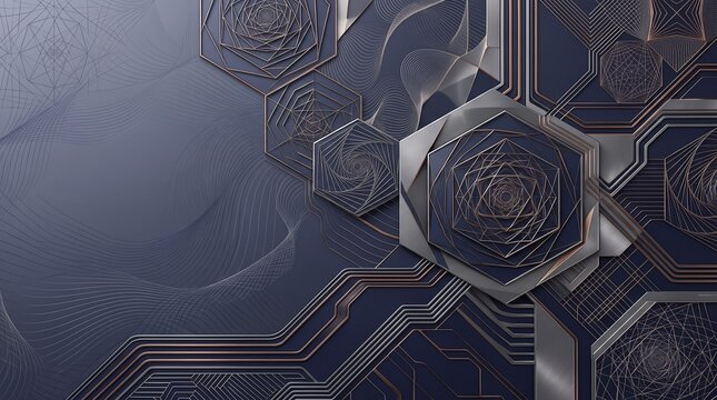 Hexagonal geometric pattern with metallic lines and a dark blue background hexagon abstract gold navy darkblue