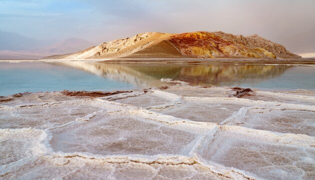 Sunlit salt flats mirror colorful, textured mountain under a pale sky