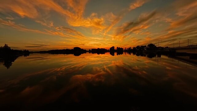 4K Timelapse video with reflections and moving clouds near sunset or sundowner at Plattling, Isar, Deggendorf, Bavaria, Germany