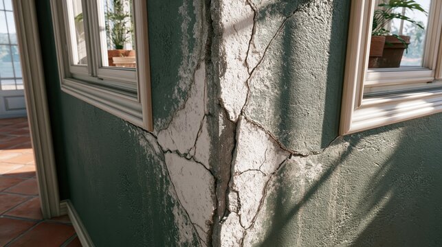 Severe Cracks in Interior Plaster Wall Corner Between Windows Showing Residential Building Damage and Structural Problems