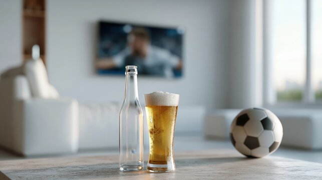 Unbranded Empty Glass Beer Bottle Mockup with Foamy Golden Lager and Soccer Ball in Bright Modern Living Room